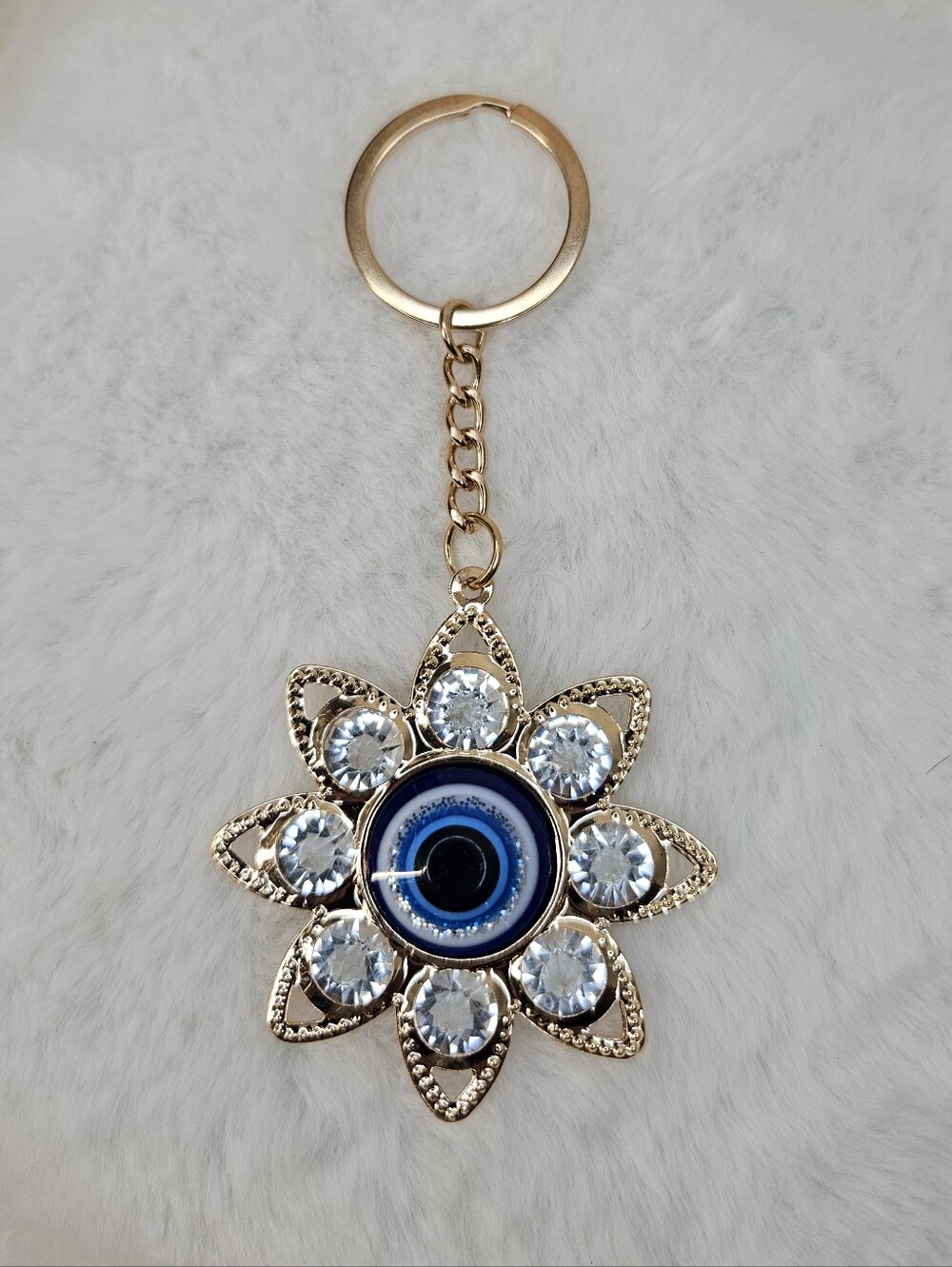Blue Evil Eye Crystal Flower Keychain - Gold Tone